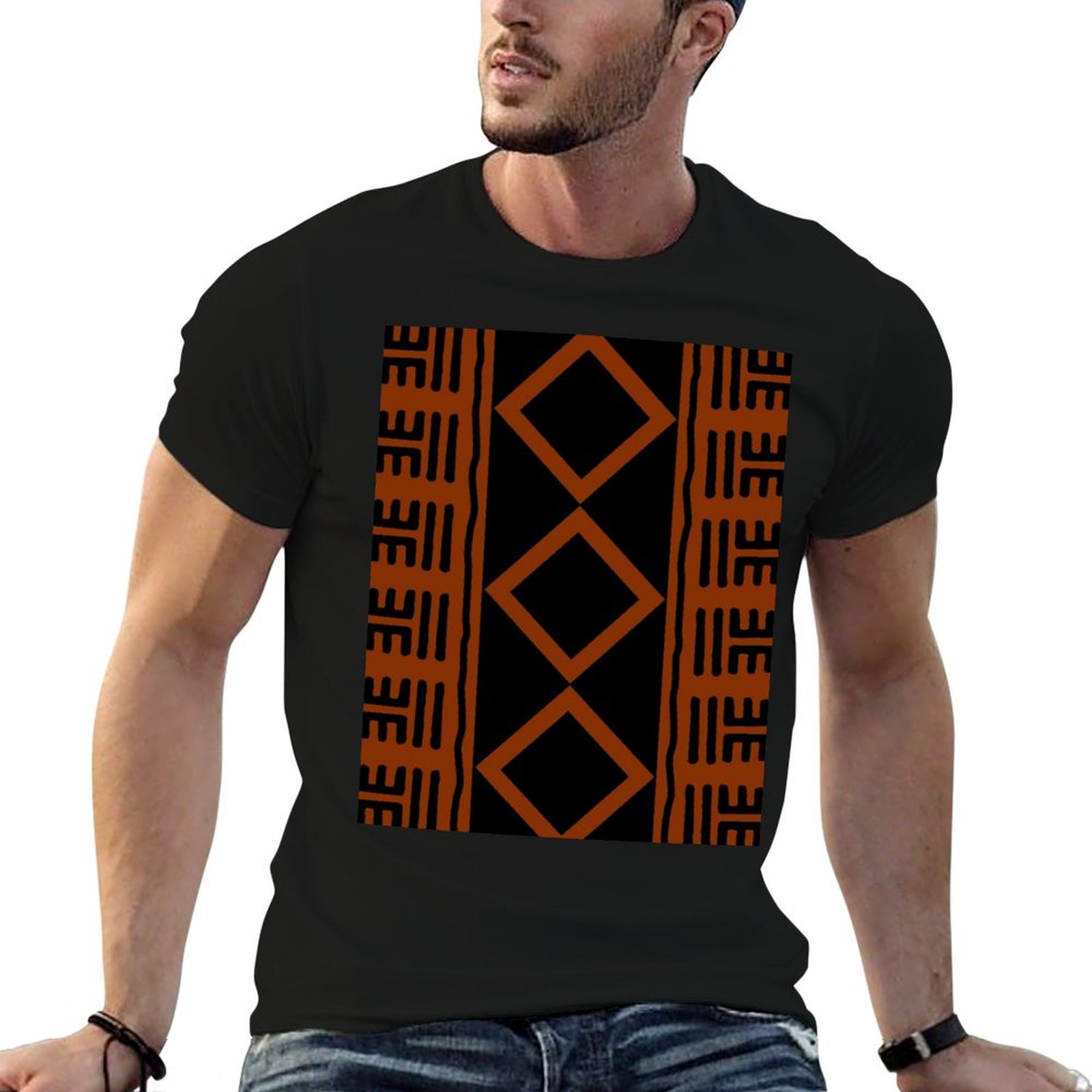 Mudcloth Print Top - Rust Colored African Mudcloth T-Shirt black